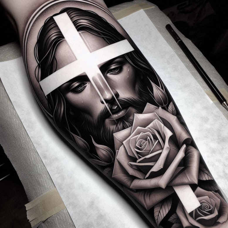 jesus-sacred-tattoo-neotraditional-textured-shading-for-elbow – tattoo design ideas free ai generated – Gallery: jesus-inkby-ai