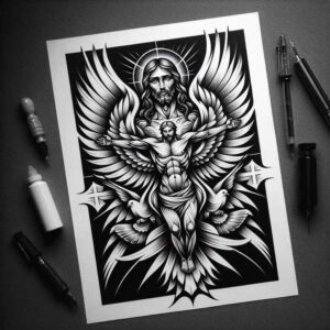 jesus-sacred-art-tattoo-neotraditional-deep-blacks-for-shoulder – tattoo design ideas free ai generated – Gallery: jesus-inkby-ai