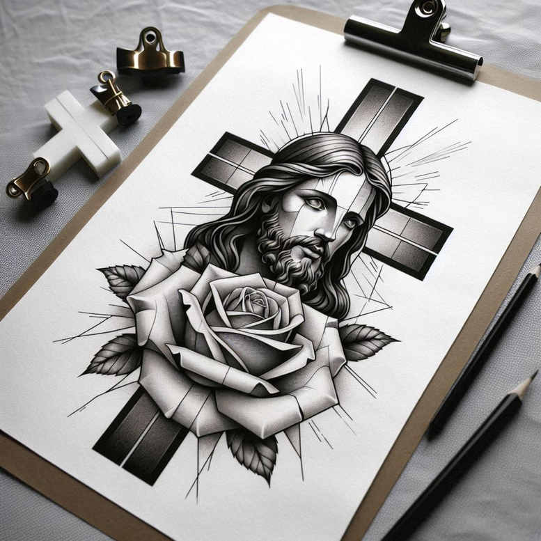 jesus-mystic-tattoo-neotraditional-artistic-contrast-for-upper-thigh – tattoo design ideas free ai generated – Gallery: jesus-inkby-ai