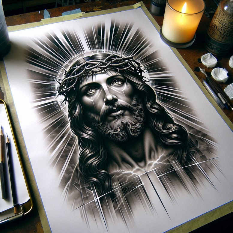 jesus-with-crown-of-thorns – tattoo design ideas free ai generated – true-rendering – for-calf – Gallery: jesus-inkby-ai