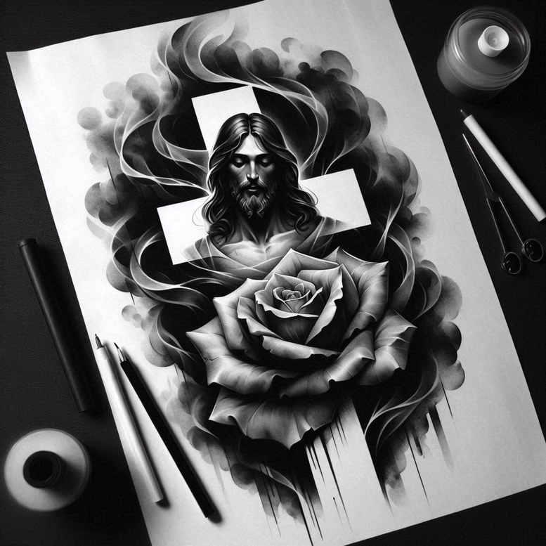 jesus-worship-tattoo – tattoo design ideas free ai generated – rich-blacks – for-wrist-side – Gallery: jesus-inkby-ai