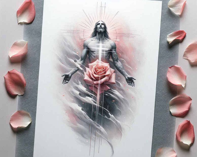 Jesus in grayscale with a glowing rose at the chest, petals scattered around, tattoo design idea in black and grey, suitable for a cover-up.