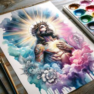 Colorful watercolor tattoo design of a sacred figure with crown of thorns, sunburst halo, clouds, dove, and a blooming rose; AI-generated tattoo project idea; not a cover-up.