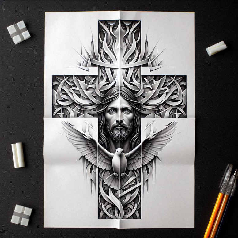 jesus tattoo design ideas layered fill divine love for thigh