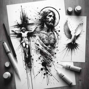 jesus tattoo design ideas deep blacks holy figure for chest