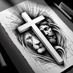 jesus tattoo design ideas high-contrast religious motif for upper thigh