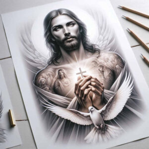 jesus tattoo design ideas Surrealism subconscious themes sacred aura embodying determination