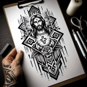 jesus tattoo design ideas Realism hyper-realistic spiritual light embodying resilience