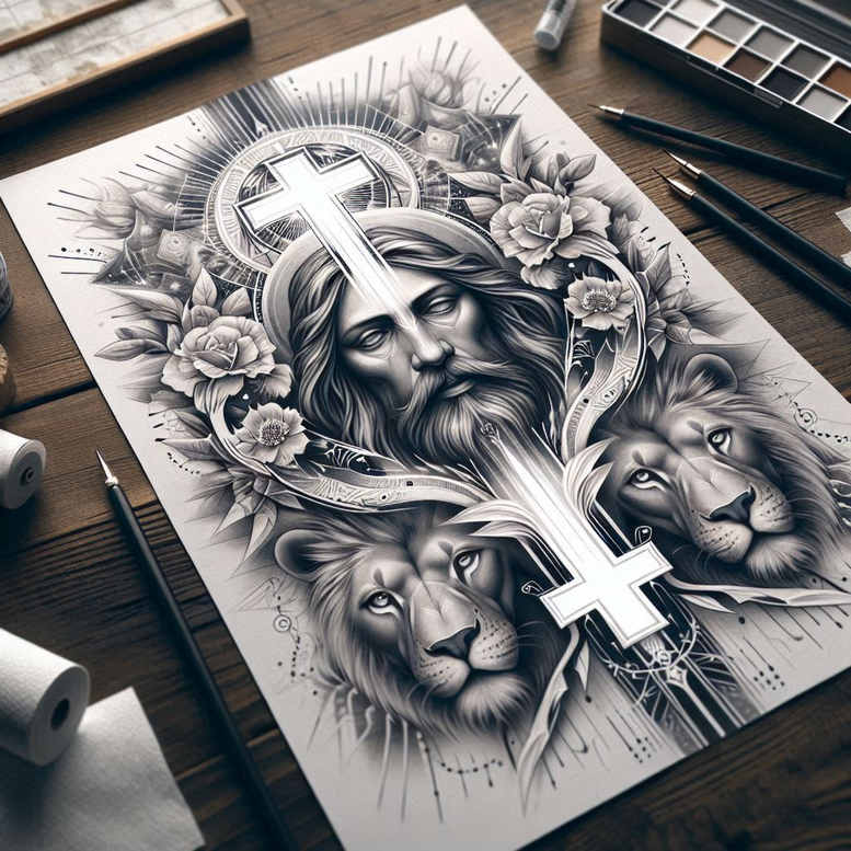 jesus tattoo design ideas layered shading spiritual strength represents courage