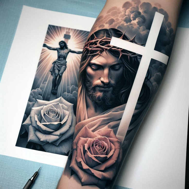 jesus tattoo design ideas deep-shading spiritual strength symbolising determination