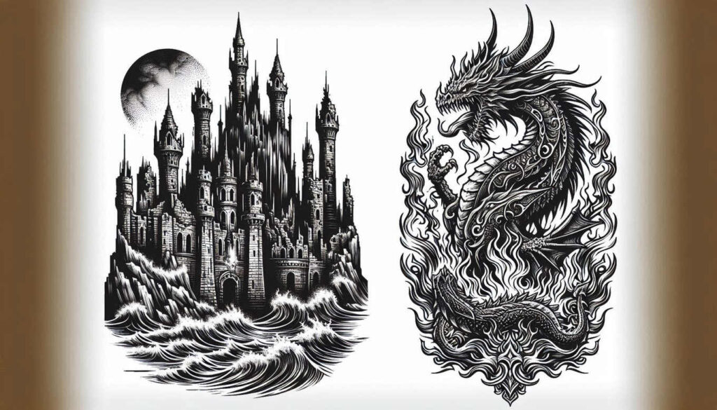 fortress-ruins-murky-light-and-shadow-play – tattoo design ideas free ai generated – Gallery: castles-inkby-ai