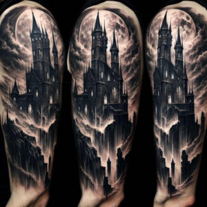 castle-defense-bleak-contrast-ink – tattoo design ideas free ai generated – Gallery: castles-inkby-ai