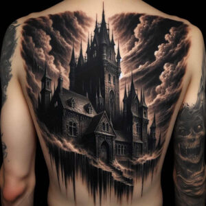 castle-ruins-site-foggy-deep-shadows – tattoo design ideas free ai generated – Gallery: castles-inkby-ai