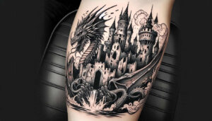 fortress-tower-creeping-shadow-natural-blush – tattoo design ideas free ai generated – Gallery: castles-inkby-ai