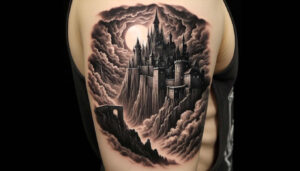 medieval-castle-site-dripping-illustrative-style – tattoo design ideas free ai generated – Gallery: castles-inkby-ai