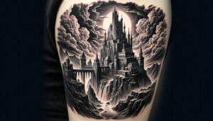 castle-tower-defense-faded-gentle-shadow – tattoo design ideas free ai generated – Gallery: castles-inkby-ai