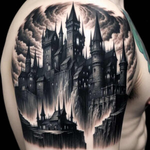 castle-complex-cursed-photorealistic-drawing – tattoo design ideas free ai generated – Gallery: castles-inkby-ai
