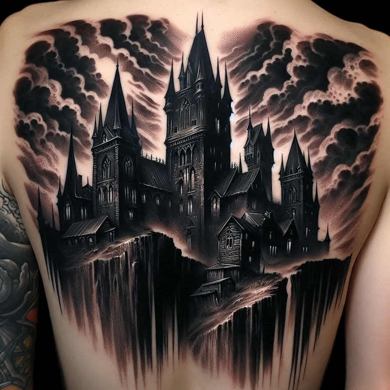 castle-complex-deformed-dimensional-ink – tattoo design ideas free ai generated – Gallery: castles-inkby-ai