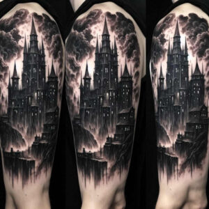 castle-decaying-balanced-light – tattoo design ideas free ai generated – Gallery: castles-inkby-ai