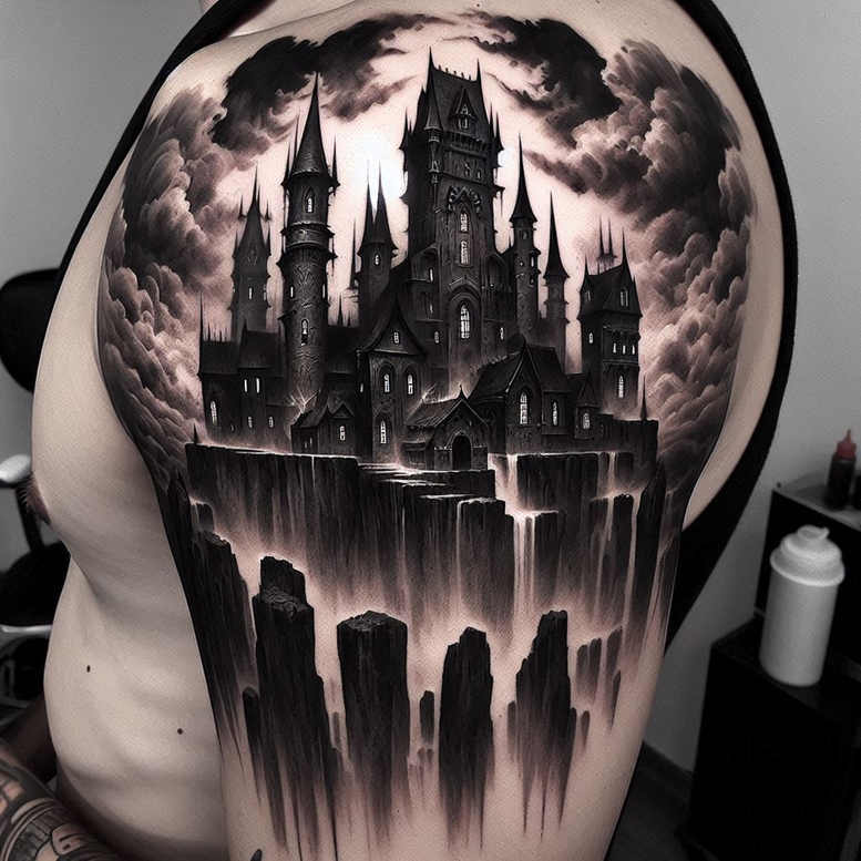 castles tattoo design ideas close-up battlements for nape