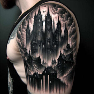castles tattoo design ideas fine-line battlements stands for courage