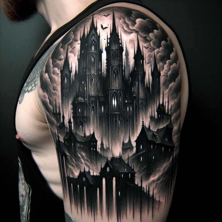castles tattoo design ideas fine-line battlements stands for courage