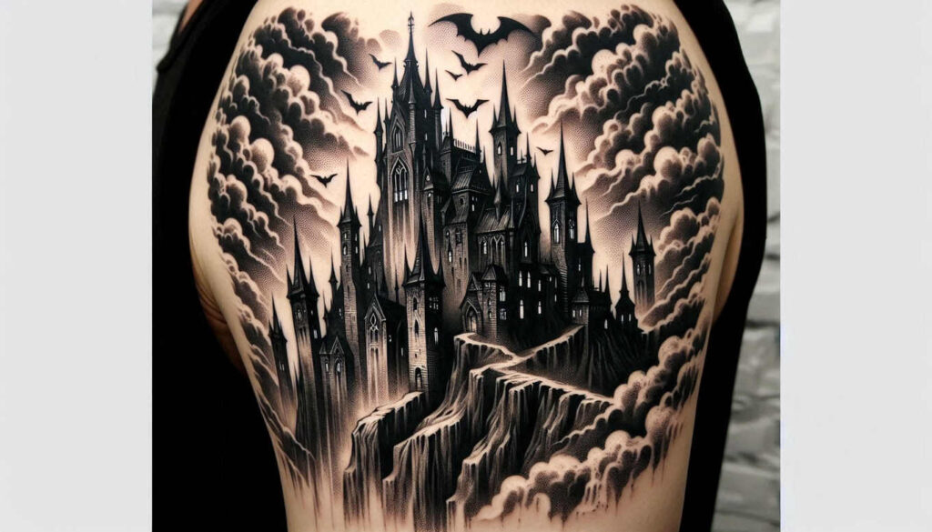 castles tattoo design ideas Surrealism morphic gothic arches for shoulder blade
