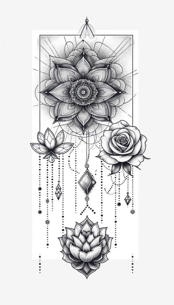 Black and grey tattoo design with a central mandala, rose, and lotus, plus hanging diamond beads; project idea, not for cover-up.