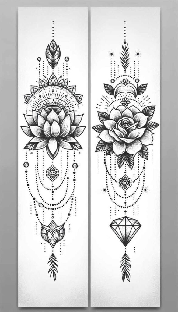 Two tall black-and-grey tattoo panels featuring lotus, mandala, beads, rose, leaf, heart, and diamond; tattoo design project idea; not for cover-up.