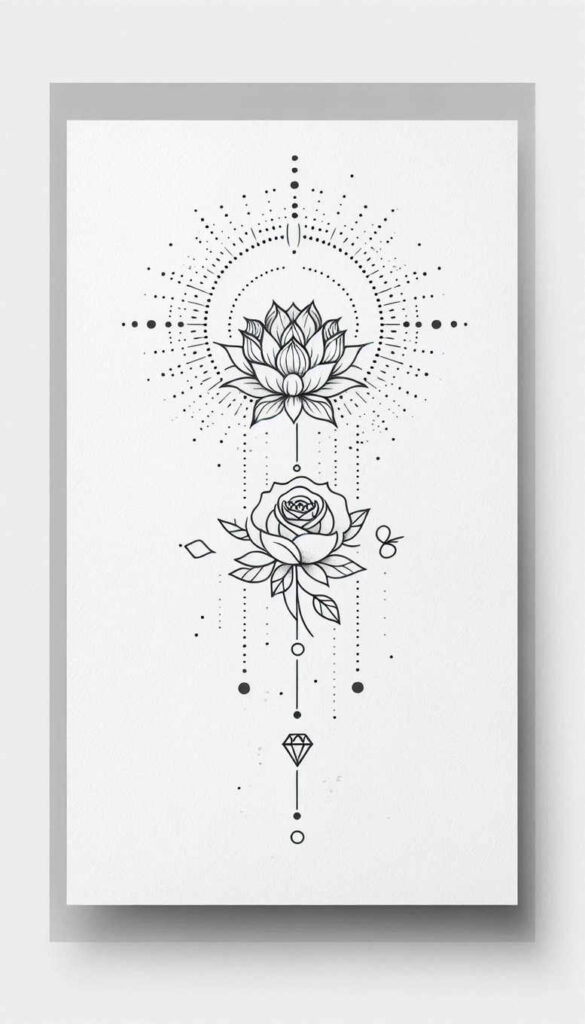 Black line art of a lotus above a rose with circular dotwork patterns; tattoo design idea; not a cover-up.