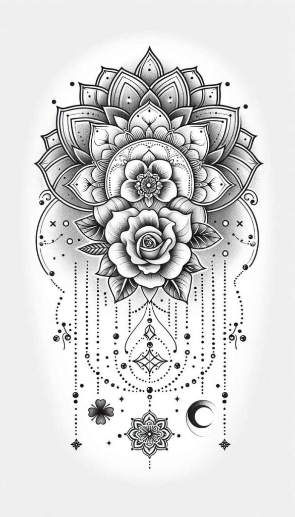 Black and grey tattoo design with rose, lotus, mandala, bead chains, crescent moon, clover, and stars; AI-generated tattoo project; suitable for cover-up.