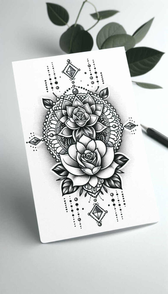 Black and grey tattoo design on white paper featuring two roses, mandala, diamonds, and leaves; AI-generated tattoo project; not a cover-up.
