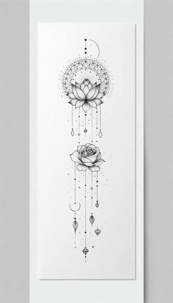 Lotus dreamcatcher tattoo design in black and grey with lotus, circular halo, hanging beads, diamonds and a rose; project; not a cover-up.