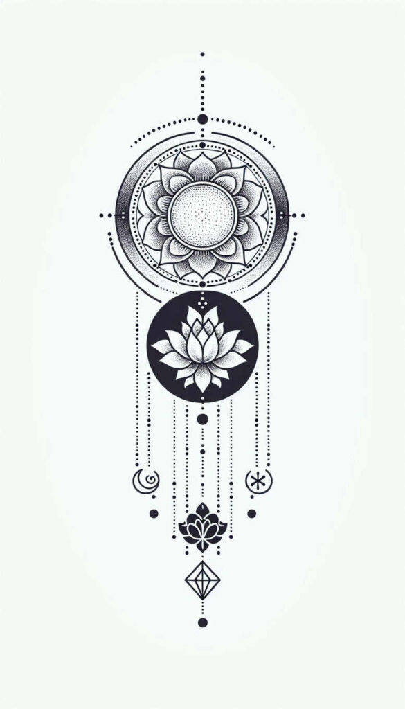 Black and grey tattoo design concept: mandala circle, lotus motifs, dotted lines, beads, crescent, star, and diamond pendant; ideal for a cover-up.