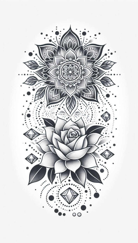Black-and-grey mandala, rose, and diamond motifs; a cover-up tattoo project.