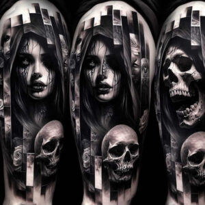 cover-up tattoo design ideas realistic shadowing haunting for shoulder