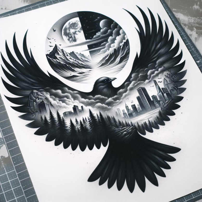 raven-shadow-realistic-lighting-for-side – tattoo design ideas free ai generated – Gallery: crows-and-ravens-inkby-ai
