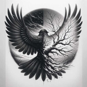 raven-in-flight-illustrative-style-for-outer-arm – tattoo design ideas free ai generated – Gallery: crows-and-ravens-inkby-ai