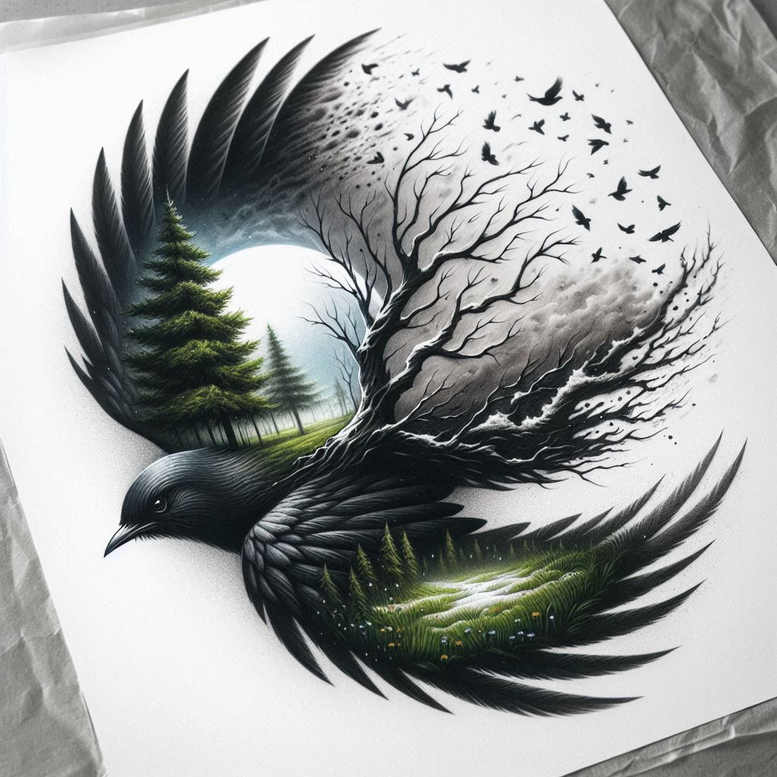 crows-and-ravens tattoo design ideas Realism photo-like tattoo feather patterns perseverance and power