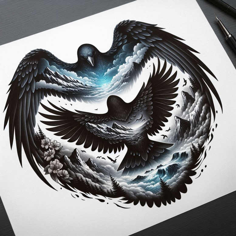 crows-and-ravens tattoo design ideas deep blacks folklore for lower leg
