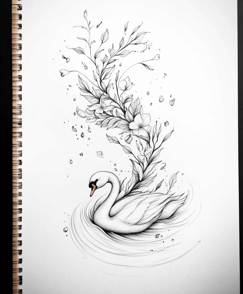 Swan, flower, branch, leaf, petal, water in black and grey on white; project design; not ideal for cover-up.