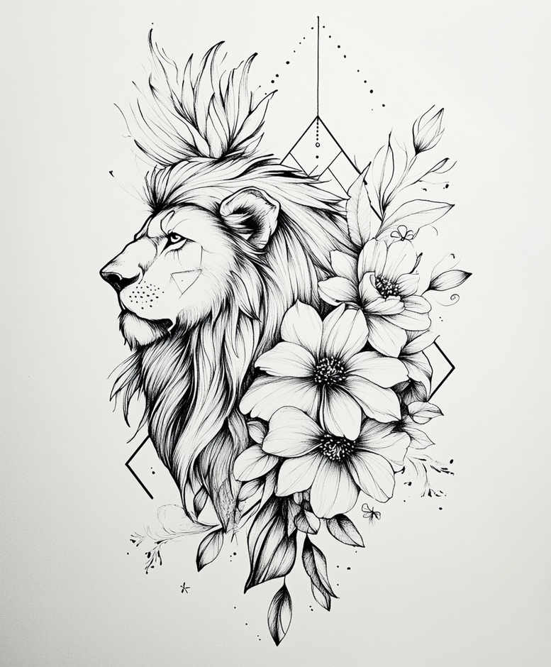 Black and grey lion portrait with flowers, leaves, and diamonds pattern; tattoo project; cover-up possible.