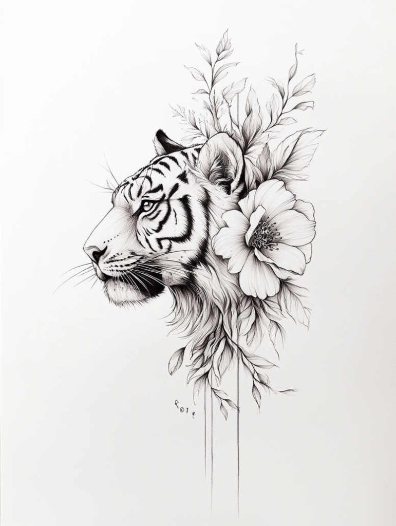 Profile of tiger head in black and grey linework with a blooming flower and leaves; project idea; not ideal for cover-up.