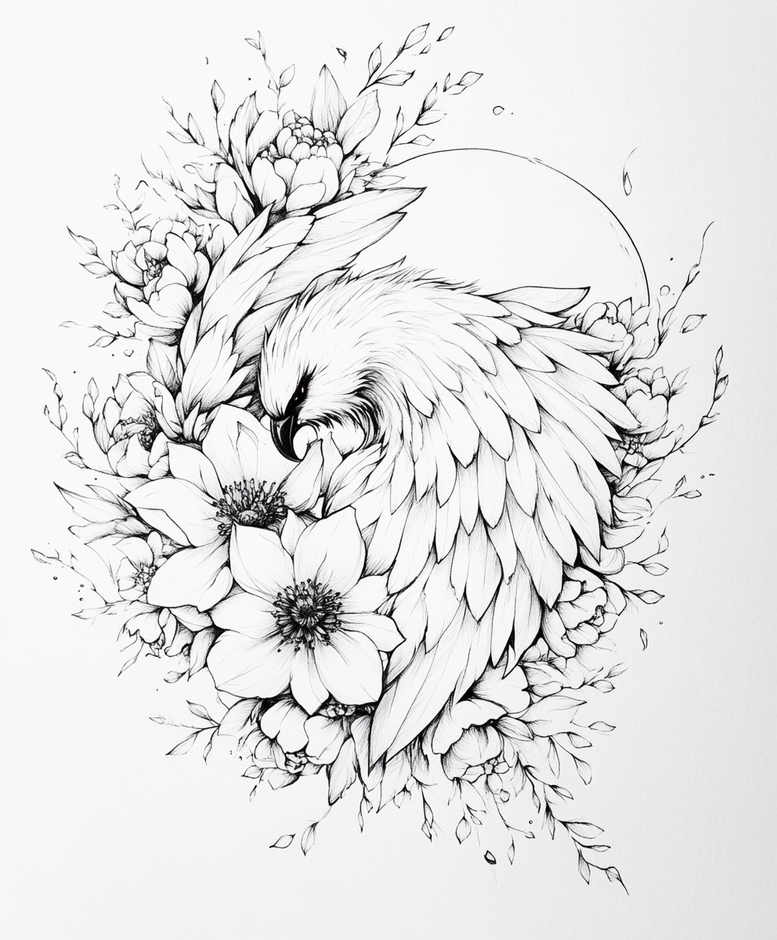 Flamingo, flowers, leaves, circle, pattern; black and grey line art; project idea; not ideal for cover-up.