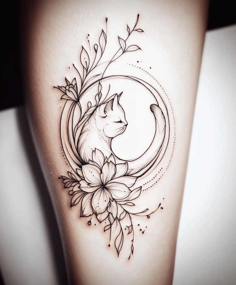 Cat inside a circular frame with a floral arrangement in black and grey; tattoo project idea, suitable for cover-up.