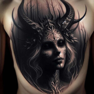 demons tattoo design ideas Surrealism abstract forms sharp features for sternum