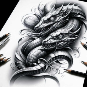 dragon-figure – tattoo design ideas free ai generated – strange-laughter – for-lower-chest – Gallery: dragons-inkby-ai