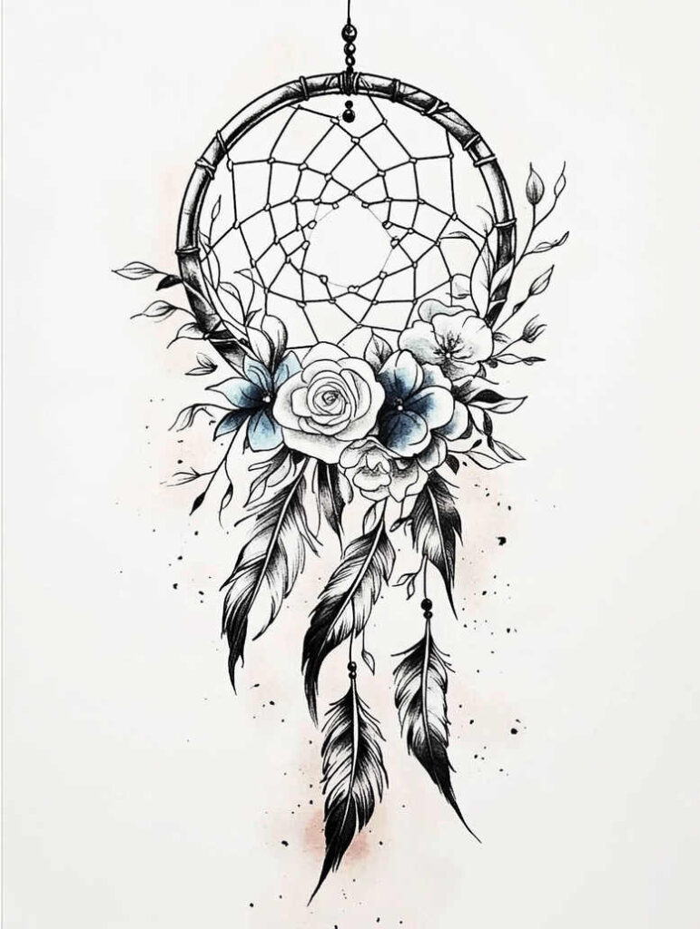 dreamcatcher-ornament – tattoo design ideas free ai generated – neotraditional-artful-color – for-wrist – Gallery: dreamcatchers-inkby-ai