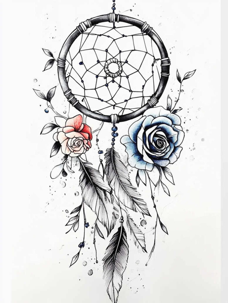 Dreamcatcher tattoo design: circular hoop, woven net, beads, feathers, pink/red rose, blue rose, leaves; black and grey with color accents; AI-generated tattoo project; not a cover-up; pattern.