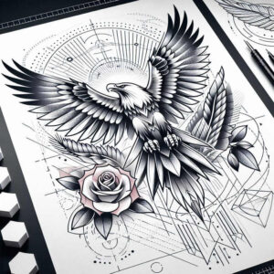 eagle-in-clouds – tattoo design ideas free ai generated – surrealism-translucent-layers – for-ribs – Gallery: eagles-inkby-ai